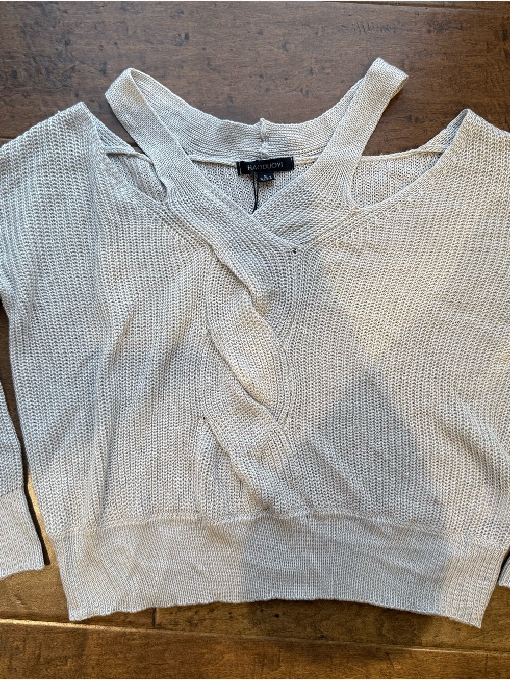 HAODUOYI Cream V-Neck Lightweight Knit Sweater with Crossover Strap